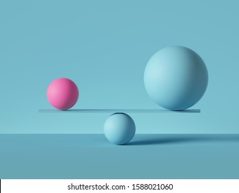 3d Render, Balancing Balls Placed On Scales Or Weigher, Isolated On Blue Background. Primitive Geometric Shapes. Balance Metaphor. Modern Minimal Concept