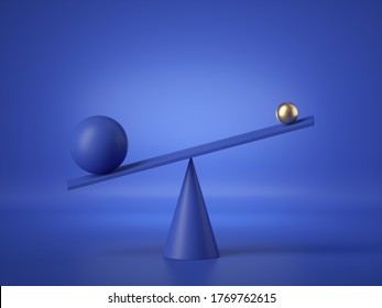 3d render, balancing blue and gold balls placed on weighing scales, abstract geometric primitive shapes isolated on blue background. Statistics chart, comparison metaphor, balance concept.
