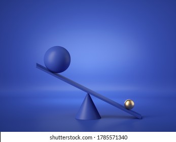 3d render, balls placed on weighing scales, isolated on blue background. Heavy gold ball overweight. Primitive geometric shapes. Comparison metaphor. Modern minimal design