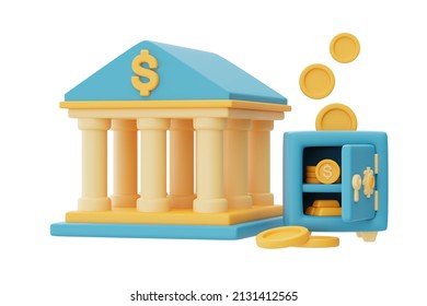 3d render of bank building with safe box and golden coin stacks isolated on light background,money transfer concept,Business financial investment.minimal style.3d rendering.
