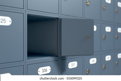 A 3D render of a bank of private numbered post office mail boxes with one open revealing nothing inside