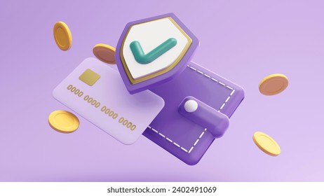 3D render banking system, noble payment. Digital wallet with an application for payment of credit and debit cards. The stylized concept of the bank, preservation and safety of money and savings.