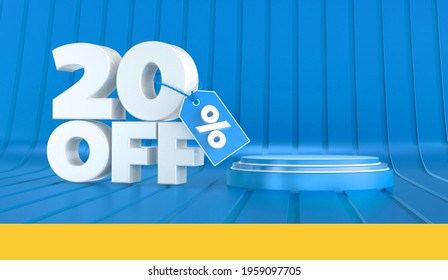 3d render banner for graphic composition, with name 20% OFF and podium. 3D illustration