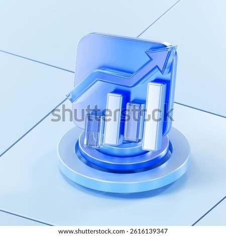3D render of a bar chart with an upward arrow in a futuristic digital space. Symbolizes business growth, financial performance, success metrics, and market trends.
