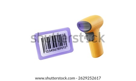 3D render of a barcode scanner about to scan a purple barcode label. Retail, shopping, technology concept.
