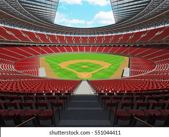 3D render of baseball stadium with red seats, VIP boxes and floodlights for hundred thousand people