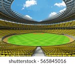 3D render of baseball stadium with yellow seats, VIP boxes and floodlights for hundred thousand people