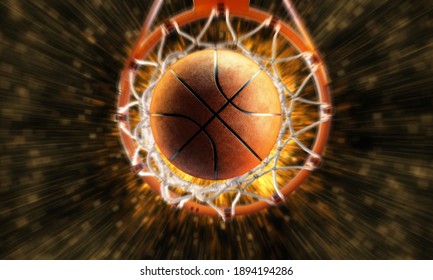 3d render Basketball fire splash  through hoops vertical camera 