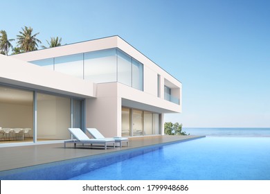 3d render of beach house with swimming pool on sea background, Modern exterior.