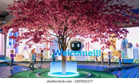 3D Render Of Beautiful Digital Metaverse. Virtual Reality World With User Avatars, Buildings, Nature And Robot Saying Hello. Point Of View From User's Perspective. Immersive Technology Concept.