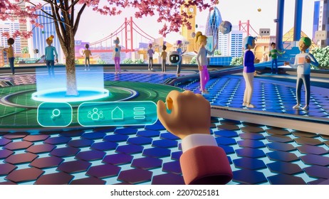 3D Render of Beautiful Digital Metaverse. Virtual Reality World With User Avatars, Buildings, Nature and Robots Flying Around. Point of View From User's Perspective. Immersive Technology Concept. - Powered by Shutterstock