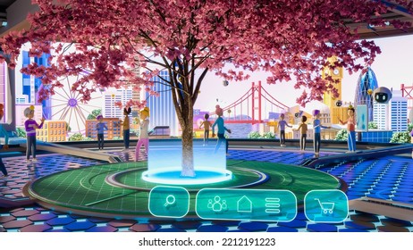 3D Render Of Beautiful Digital Metaverse. Virtual Reality World With User Avatars, Buildings, Nature And Robots Flying Around. Point Of View From User's Perspective. Immersive Technology Showcase.