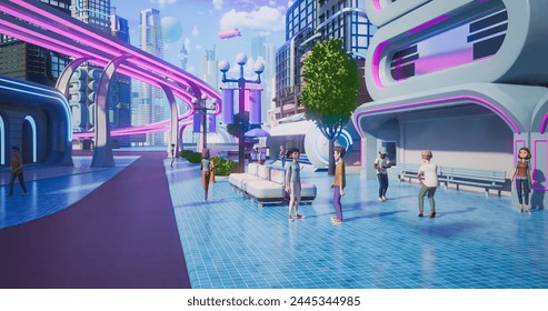 3D Render of Beautiful Digital Metaverse. Virtual Reality World With Avatars, Buildings, Nature and Robots Flying Around. Point of View From User's Perspective. Immersive Technology Showcase.