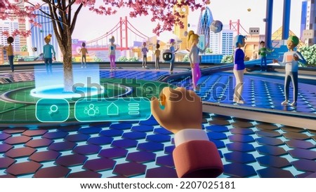 3D Render of Beautiful Digital Metaverse. Virtual Reality World With User Avatars, Buildings, Nature and Robots Flying Around. Point of View From User's Perspective. Immersive Technology Concept.