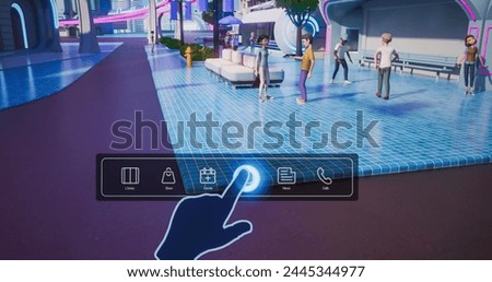 3D Render of Beautiful Digital Metaverse. Virtual Reality World With Avatars, Buildings and Nature. Person Is In a Fun Colorful VR World. User Opens a Home Screen Menu with Different Hologram Widgets.