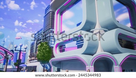 3D Render of Beautiful Digital Metaverse. Virtual Reality World With Avatars, Buildings, Nature. Person Is In a Fun Colorful VR World. User Opens a Home Screen Menu with Different Hologram Widgets