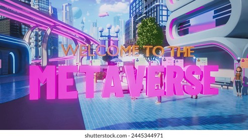 3D Render of Beautiful Digital World. Virtual Reality With User Avatars, Buildings, Nature and Sign Saying Welcome to The Metaverse. Point of View From User's Perspective. Immersive Technology Concept