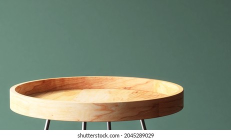 3D render of a beautiful empty wooden coffee table tray for products overlay mockup, template on dark green background with morning sunlight. Backdrop, Earth tone, Natural, Organic, Tea break