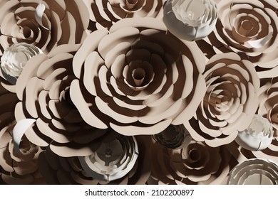 3d Render Of Beautiful Flying Ivory And Mocha Brown Paper Flowers Wallpaper Pattern For Wedding Project