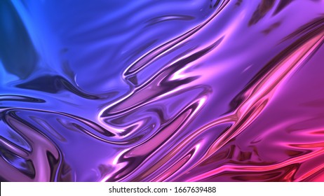 3D render beautiful folds of foil with gradient iridescent blue red color in full screen, as clean fabric abstract background. Simple soft material with crease like waves on liquid surface. 102