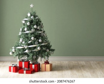 3D Render Of Beautiful Green Christmas Tree Full Of Ornaments With Presents Boxes For Friends And Family Inside A Green Living Room, Blank And Empty Wall. Copy Space, Household Product Overlay.