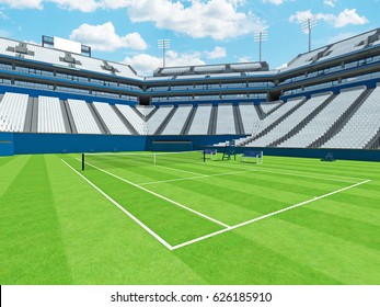 3D Render Of Beautiful Large Modern Tennis Grass Court Stadium For Fifteen Thousand Fans With White Chairs