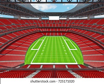 3D render of beautiful modern large empty American football stadium with red seats and VIP boxes for hundred thousand fans. Three tiers of stands, floodlights and blank scoreboard to write game score