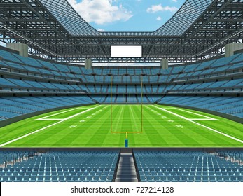 3D render of beautiful modern large empty American football stadium with sky blue seats and VIP boxes for hundred thousand fans. Three tiers of stands, floodlights and blank scoreboard to write score
