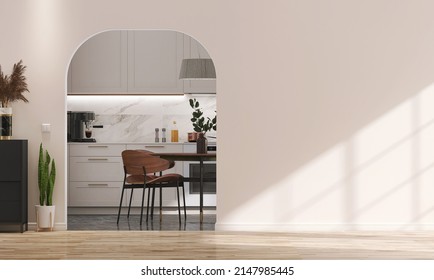 3d render, beautiful modern studio apartment, arch opening wall connect living room with the kitchen. Blank empty beige wall for home products overlat background, Backdrop, Indoors, Interior, Sunlight