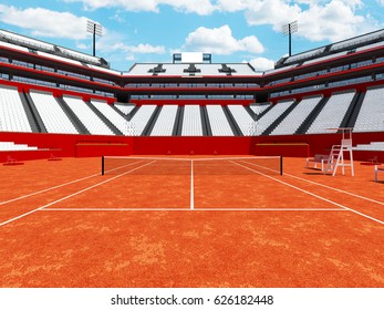 3D Render Of Beautiful Modern Tennis Clay Court Stadium With White Chairs For Fifteen Thousand Fans