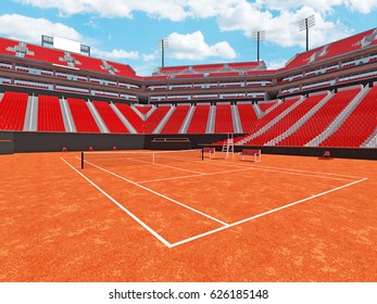 3D Render Of Beautiful Modern Tennis Clay Court Stadium With Red Chairs For Fifteen Thousand Fans