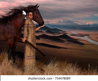 3D Render Of A Beautiful Native American Indian Woman In Traditional Clothes, Wearing War Paint, Carrying A Rifle And Her Horse.