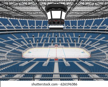 3D Render Of Beautiful Sports Arena For Ice Hockey With Blue Seats And VIP Boxes For Fifty Thousand People