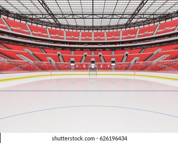 3D Render Of Beautiful Sports Arena For Ice Hockey With Red Seats And VIP Boxes For Fifty Thousand People