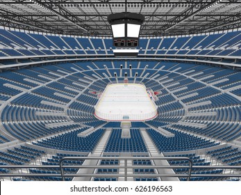 3D Render Of Beautiful Sports Arena For Ice Hockey With Blue Seats And VIP Boxes For Fifty Thousand People