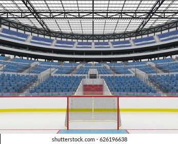 3D Render Of Beautiful Sports Arena For Ice Hockey With Blue Seats And VIP Boxes For Fifty Thousand People