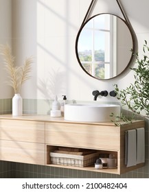 3D render of a beautiful vanity unit in a bathroom with hanging round mirror, white ceramic washbasin on a fine wooden cabinet with morning sunlight and window frame shadow. Trend, Indoor plants.