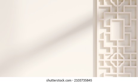 3D Render Beautiful White Empty Wall With Wooden Chinese Square Pattern Wall Decoration, Morning Sunlight Show Window Frame Shadow On The Wall. Background, Beige, Zen, Asian, Frame, Screen Partition