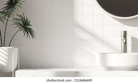 3D Render Of A Beautiful White Vanity Set With Ceramic Wash Basin, Round Mirror And Tropical Palm Tree In The Pot With Morning Sunlight. Space For Products Overlay. Background, Mock Up, Mockup, Empty.