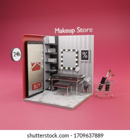 3D Render - Beauty Corner Banner Beauty Shopping Online Service Open 24 Hour. Shopping Cart Lipstick Beauty  Table . Makeup Store . Makeup Table Shopping On Mobile. Shopping Online. On Pink Background