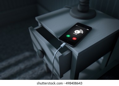 A 3D render of a bed with moonlight illuminating through blinds and an illuminated cellphone charging on a bed side table with an alarm ringing from it