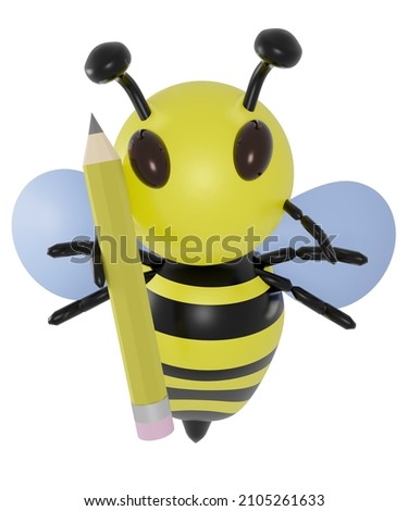 3D render of a bee holding a pencil with a white background