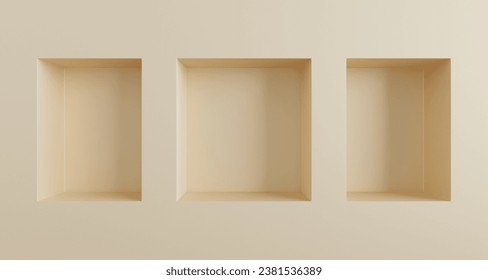 3d render beige wall with square and rectangle box shelves, empty three niches. Nude studio room minimal showcase, blank interior recess frames, abstract product presentation platform. 3D Illustration