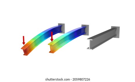 3D render. Bent beam finite element analysis. FEM, FEA mechanical displacement analysis.