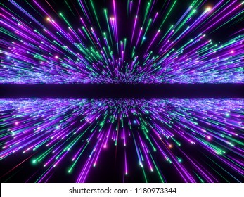 3d Render, Big Bang, Galaxy Horizon, Abstract Cosmic Background, Celestial, Beauty Of Universe, Speed Of Light, Fireworks, Purple Green Neon Glow, Stars, Cosmos, Ultraviolet Light, Outer Space