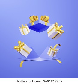 3D render of big Bright Periwinkle gift box with shiny Yellow ribbon. small White gift boxes with shiny Yellow ribbon. Bright Periwinkle colored background.