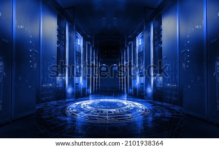 3D Render Big data abstract visualization. Futuristic aesthetic design. Big data background with HUD elements. on storage tapes in modern internet data center room