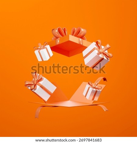 3D render of big Pumpkin gift box with shiny Orange ribbon. several small White gift boxes with shiny Orange ribbon. Pumpkin colored background.