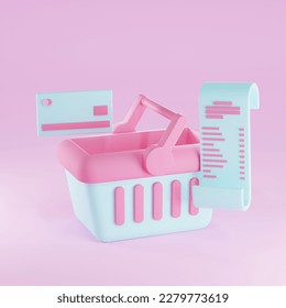 3D render bill payment with shopping bugket and financial for online shopping, bill online payment credit card with payment protection concept.