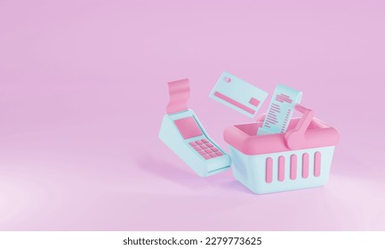 3D render bill payment with shopping bugket and financial for online shopping, bill online payment credit card with payment protection concept. 